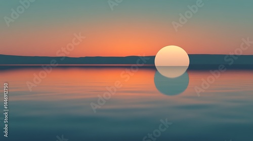 Peaceful sunset over a tranquil lake, reflected perfectly.