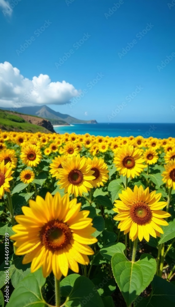 Fototapeta premium Vibrant sunflowers field with blue sky backdrop on Kauai island, farm, landscape