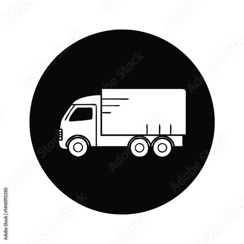 White delivery truck icon on black circle represents transportation and logistics