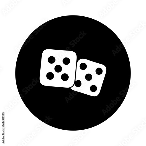 Two white dice with pips on a black circular background