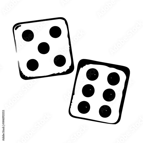 Black and white drawing of two dice showing five and six dots