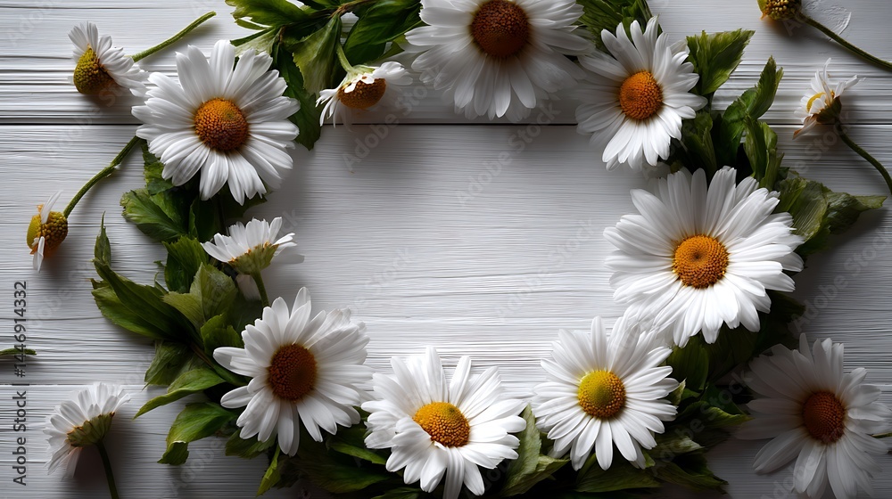 Obraz premium Top view floral frame on white wooden background flatlay flower border with center space layout for minimal botanical poster