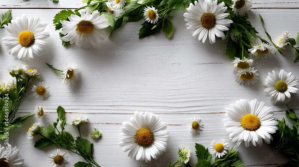 Obraz premium Floral top view frame on white wooden background minimal botanical poster natural flower mockup for center space layout