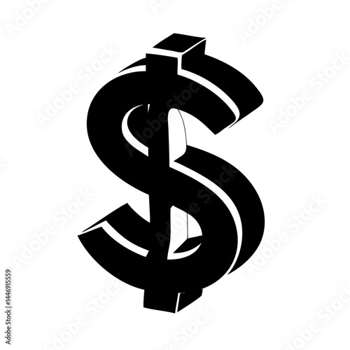 Stylized and threedimensional dollar sign in black against a white background
