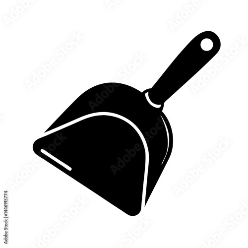 High contrast illustration of a black dustpan on a white background