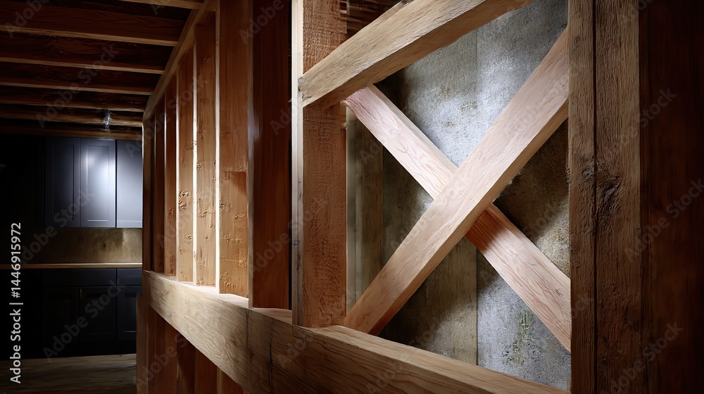 Wooden framing evolves into sleek kitchen cabinetry, blending raw structure with modern design in a diagonal composition.
Wooden framing evolves into sleek kitchen cabinetry, blending raw structure with modern design in a diagonal composition.