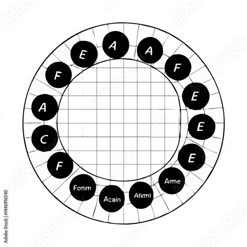 Circular Diagram of Musical Notes and Text with Grid Background