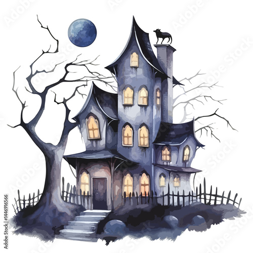 spooky haunted house cute watercolors illustration on white background
