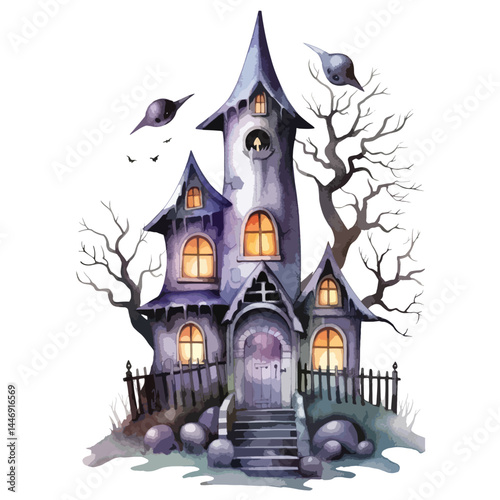 spooky haunted house cute watercolors illustration on white background