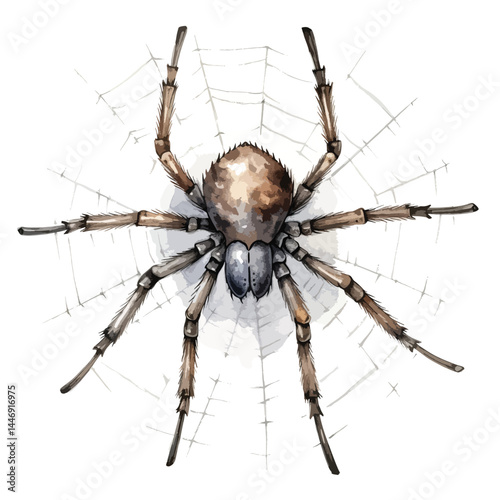 spooky spider web with a large spider cute watercolors illustration on white background