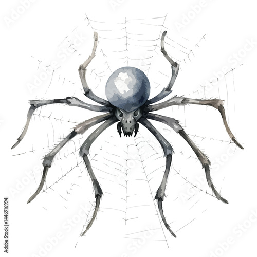spooky spider web with a large spider cute watercolors illustration on white background