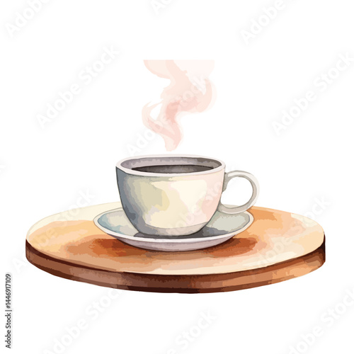 steaming cup of coffee on a table cute watercolors illustration on white background