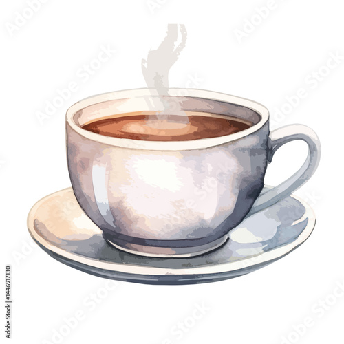 steaming cup of coffee on a table cute watercolors illustration on white background