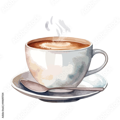 steaming cup of coffee on a table cute watercolors illustration on white background