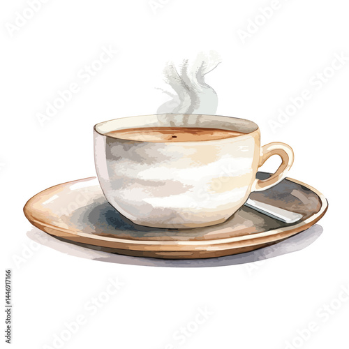 steaming cup of coffee on a table cute watercolors illustration on white background