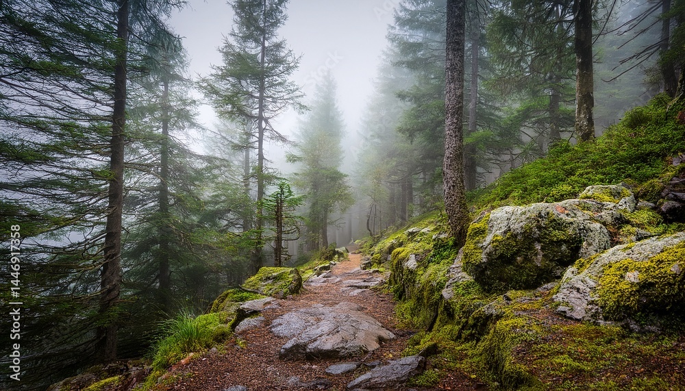 Fototapeta premium mountain trail surrounded by pine trees and wet moss-
