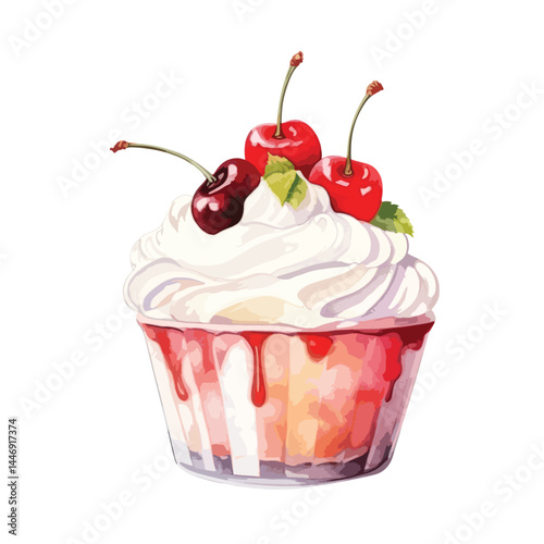 sundae topped with whipped cream cute watercolors illustration on white background