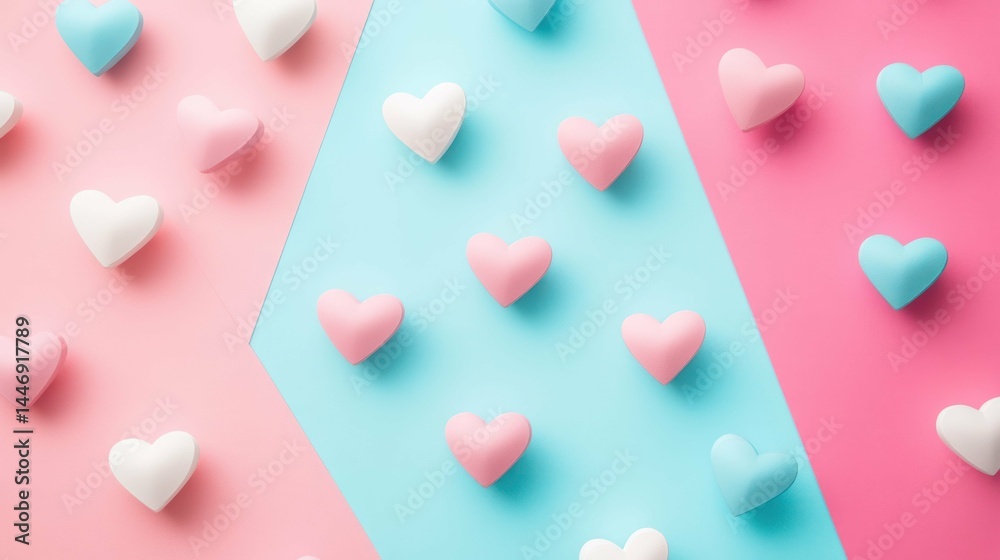 Obraz premium Pastel candy hearts on a pink, blue and pink geometric background