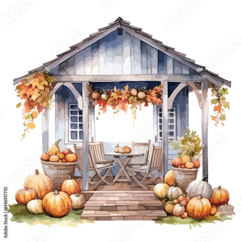 Thanksgiving decorations on a porch cute watercolors illustration on white background