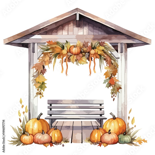 Thanksgiving decorations on a porch cute watercolors illustration on white background