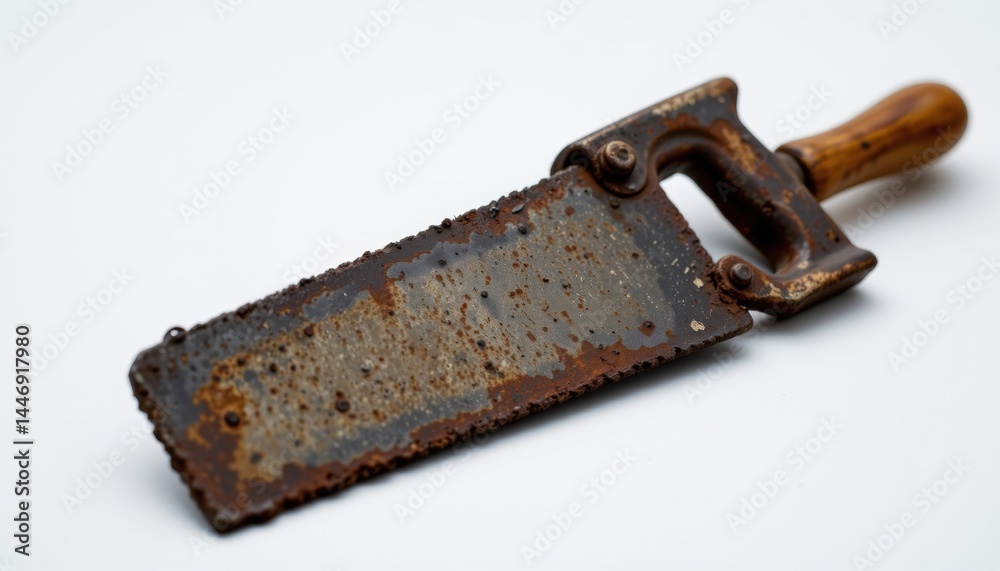 A rusty saw with a wooden handle isolated on a simple backdrop A rusty saw with a wooden handle isolated on a simple backdrop
