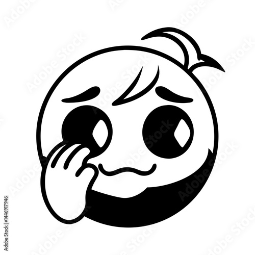 Monochrome Illustration of an Emoji Character Experiencing Sadness and Tearfulness
