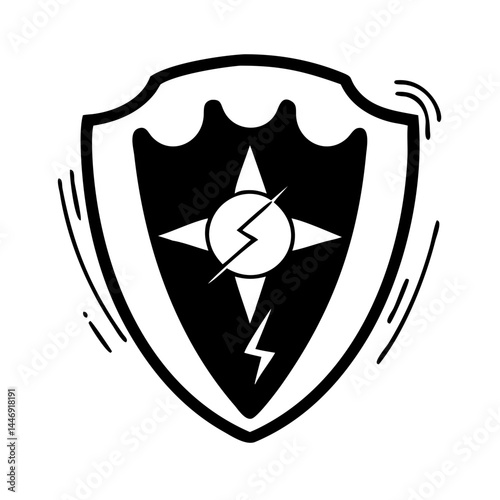 Symbolic shield with a lightning bolt and compass points, a heroic emblem
