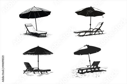 Beach chairs and umbrella, umbrella, beach, summer, sea, parasol, sun, vacation, travel, sand, sky, ocean, water, chair, holiday, vector, illustration, tropical, sunshade, relaxation, relax, resort, p