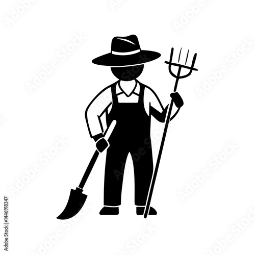 Graphic illustration of a farmer in overalls holding a shovel and pitchfork