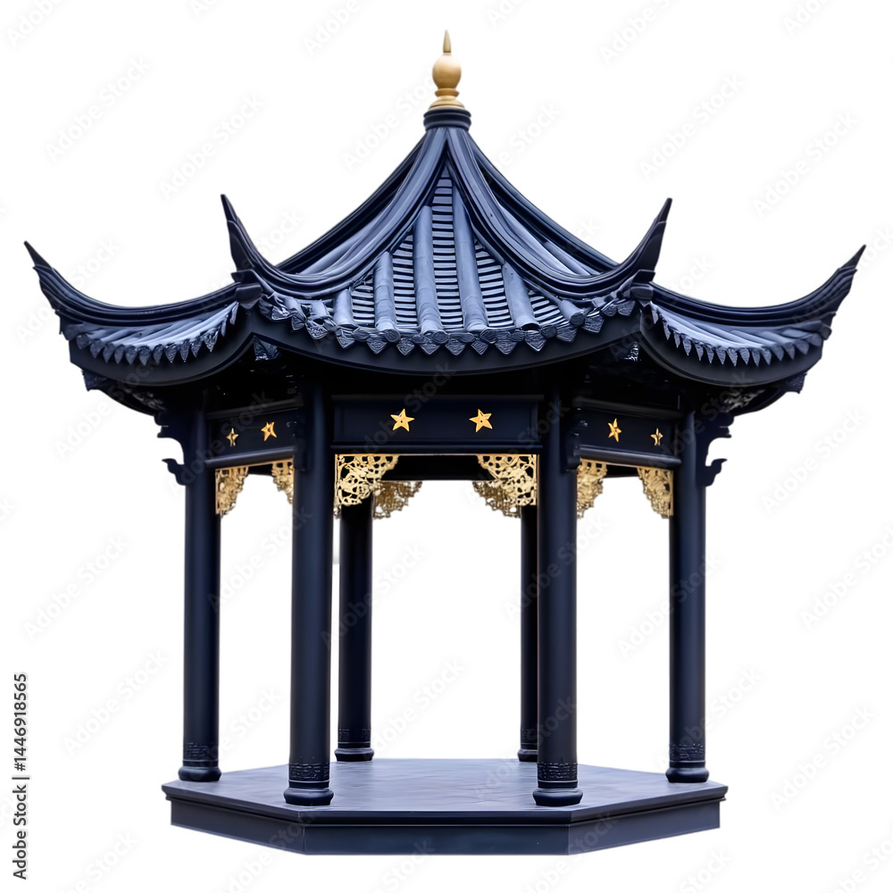 Fototapeta premium Dark Blue Chinese Garden Gazebo Illustration Isolated Background
