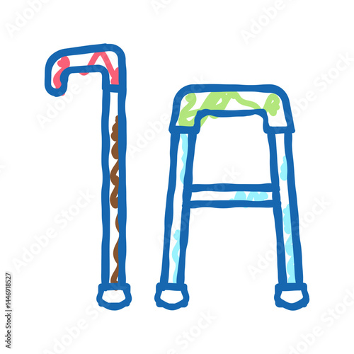 stick and walking frame for old people icon doodle illustration