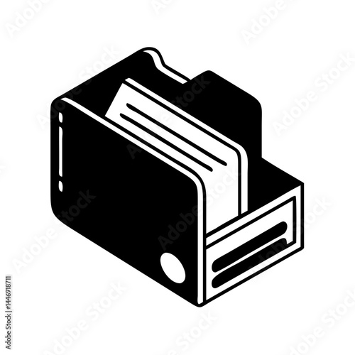 Isometric View of Black Filing Cabinet with Stacks of Paper Inside