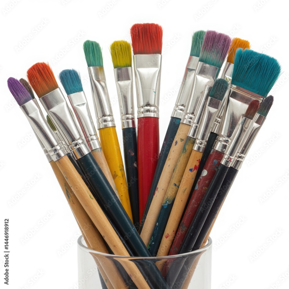 Fototapeta premium Paint brushes in glass container isolated on transparent background
