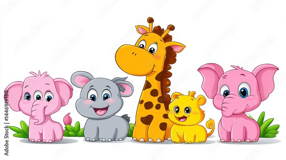 Obraz premium Enchanting wildlife tableau featuring jovial cartoon giraffe lion elephants and mouse rendered in vibrant hues ideal for children's educational materials