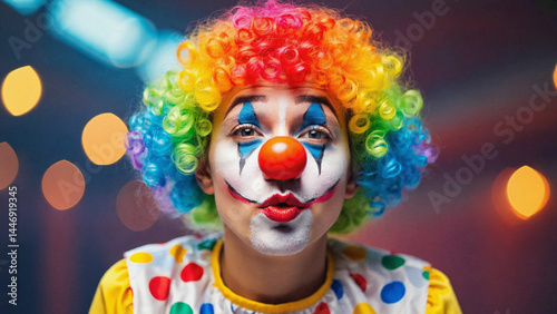 Colorful Clown: A close-up portrait of a vibrant clown, its face painted with playful makeup and a cheerful expression, radiating joy, against a soft bokeh background.