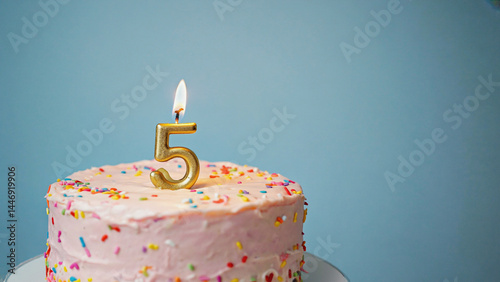 Five Candle Celebration Cake: A vibrant cake topped with a lit candle displaying the number 5. Ideal for celebrating a milestone, with a simple yet elegant appeal.