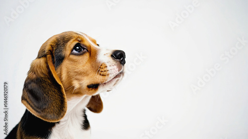 Beagle's Contemplation: A close-up captures a young beagle, gazing upwards with a curious and contemplative expression, its gentle eyes reflecting a world of thought.