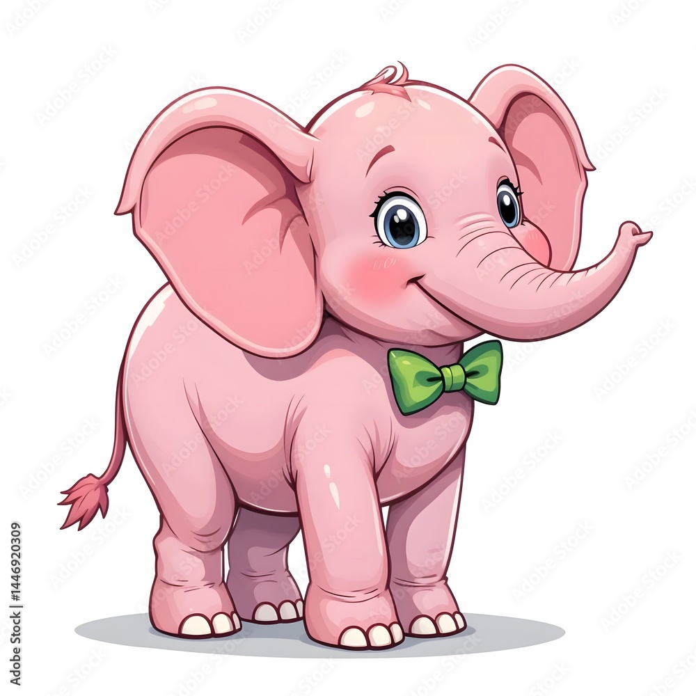Fototapeta premium Adorable Pink Elephant Calf with Green Bowtie: A Cute Cartoon Illustration