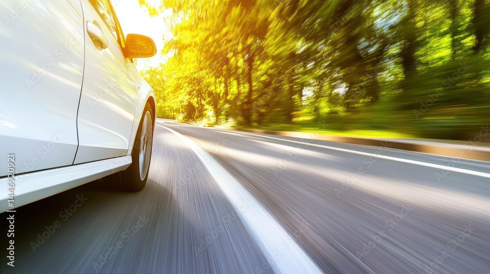 Fototapeta premium A white car speeds along a road surrounded by trees on a sunny day.