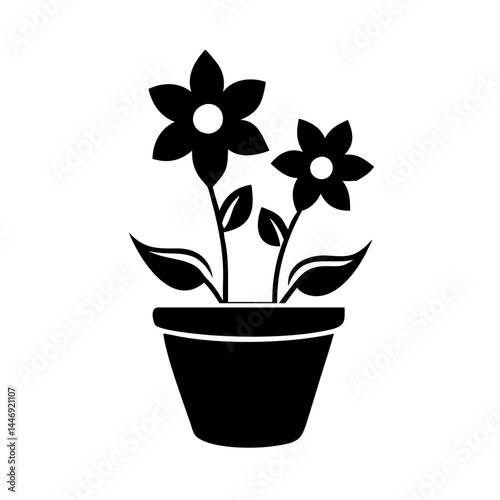Black and white vector illustration of flowers in a pot with leaves