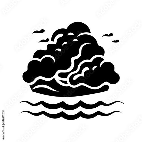 Monochromatic island in the ocean with three birds in the sky