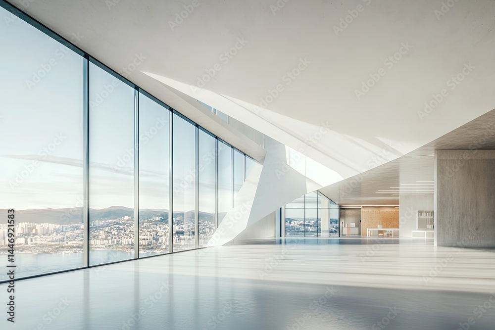 Obraz premium A modern, open-plan office space with panoramic city views.