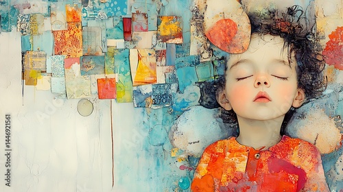 A child's peaceful slumber amidst a vibrant artistic scene.