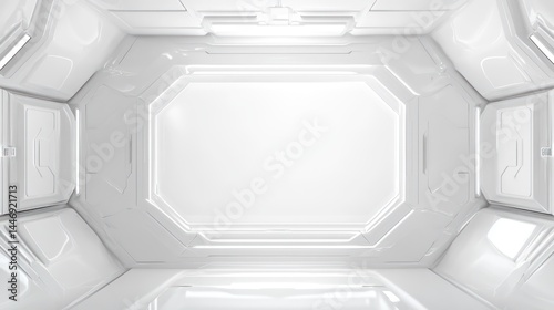 Futuristic white corridor inside a spaceship or station, clean and mod