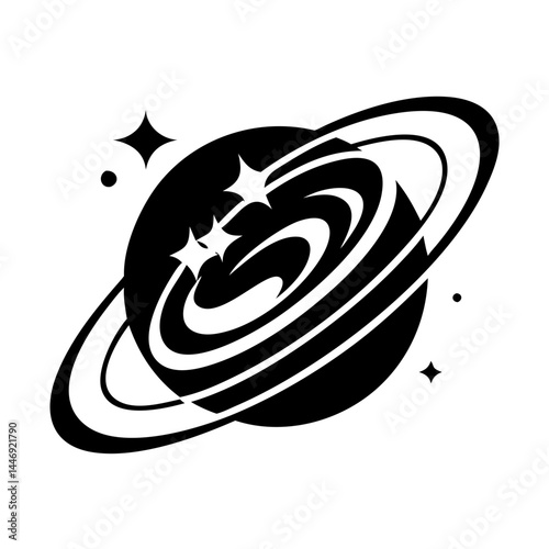 Stylized depiction of a ringed planet with stars in a retro style