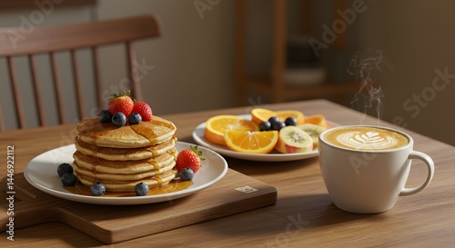 pancakes with coffee and fruit