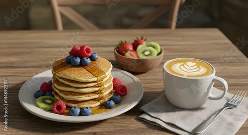 pancakes with coffee and fruit