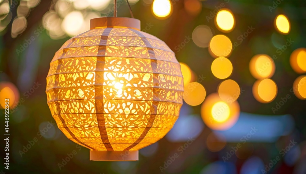 Obraz premium Illuminated Paper Lantern With Intricate Design Hanging Outdoors At Night
