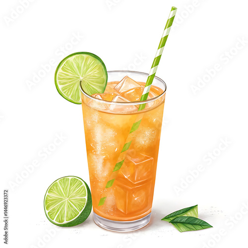 A refreshing glass of iced orange drink, adorned with a lime wheel and a vibrant green paper straw, promised a cool escape on a sweltering day against an isolated white background.