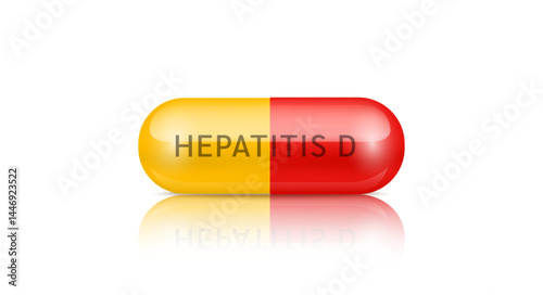 Medical pill Hepatitis D infectious disease. Capsule drug yellow red painkiller, antibiotic isolated on white background. Medical pharmaceutical and treatment concept. 3d realistic vector.